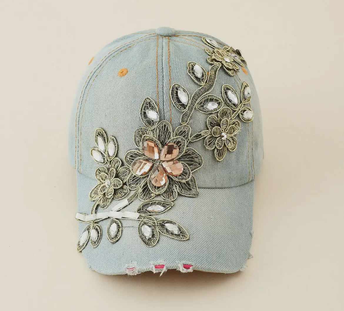 Rhinestone flower hat light blue