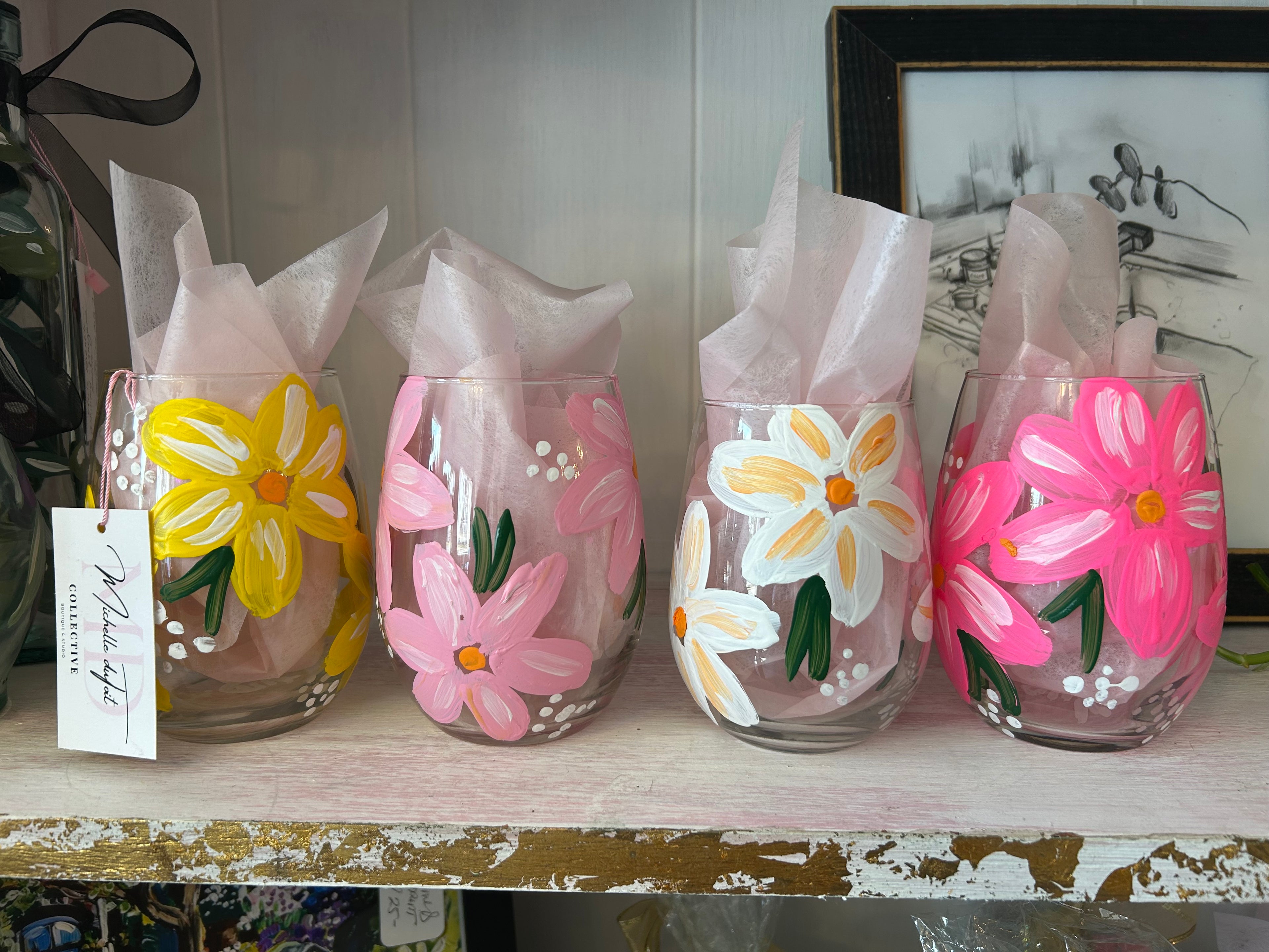Hand painted colorful daisy stemless wine glasses (Set of 4)