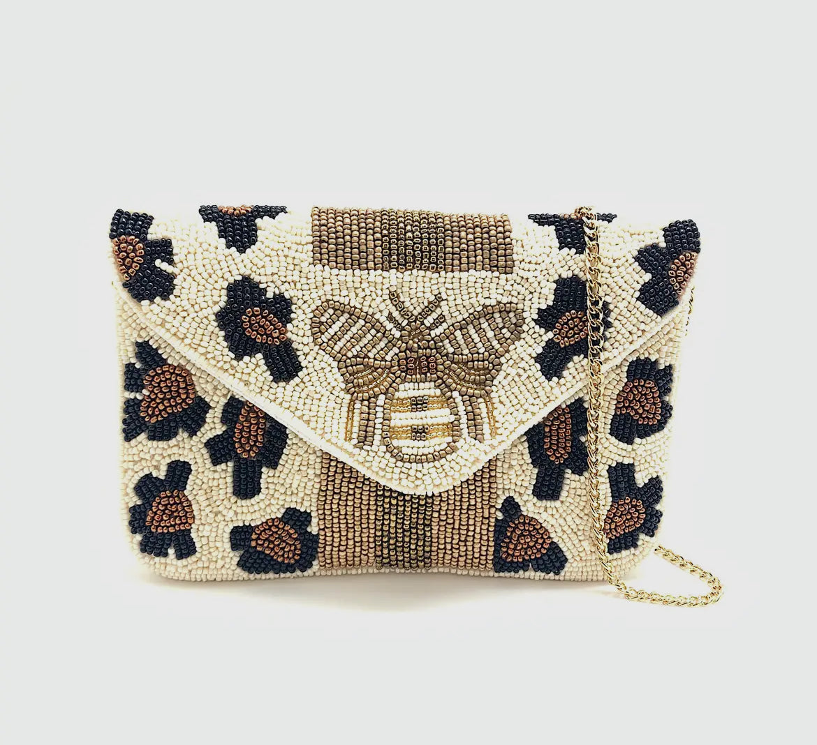 Leopard print bee beaded mini clutch