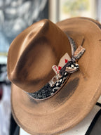 Wide brim brown fedora hat with poker cards