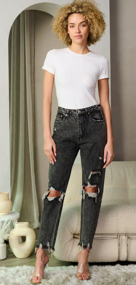 WOMEN'S BUTTON CLOSURE DISTRESS WASHED DENIM PANTS