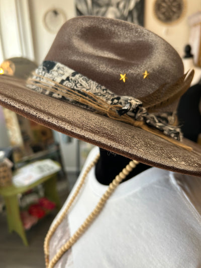 Brown gold star wide brim fedora