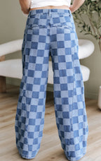 Dusk Blue Checkered Denim Wide Leg Jeans