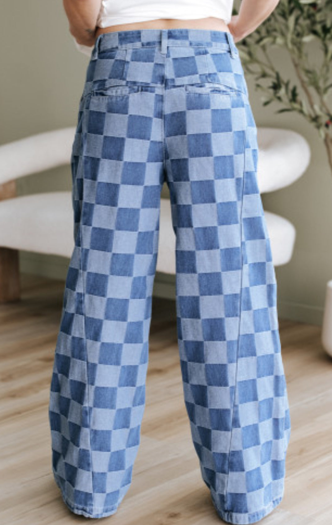 Dusk Blue Checkered Denim Wide Leg Jeans