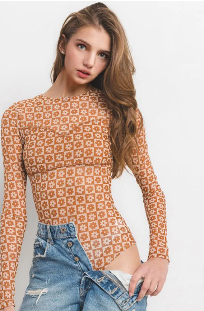Floral print mesh bodysuit