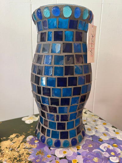 Blue mosaic candle vase