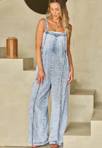 Blue Light Wash Frayed Exposed Seam Wide Leg Denim Overall