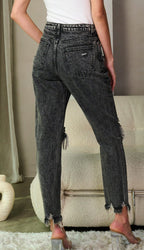 WOMEN'S BUTTON CLOSURE DISTRESS WASHED DENIM PANTS