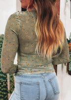 Laurel Green Vintage Floral Print Southern Style Mesh Long Sleeve Top