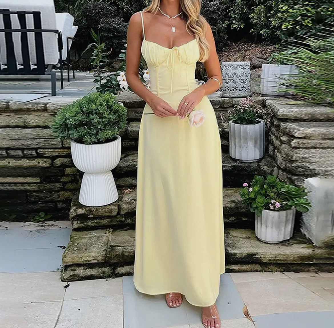 Elegant Lace-up yellow dress
