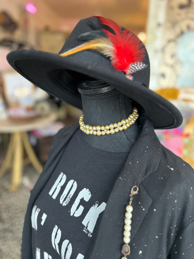 Black fedora hat with assorted feathers