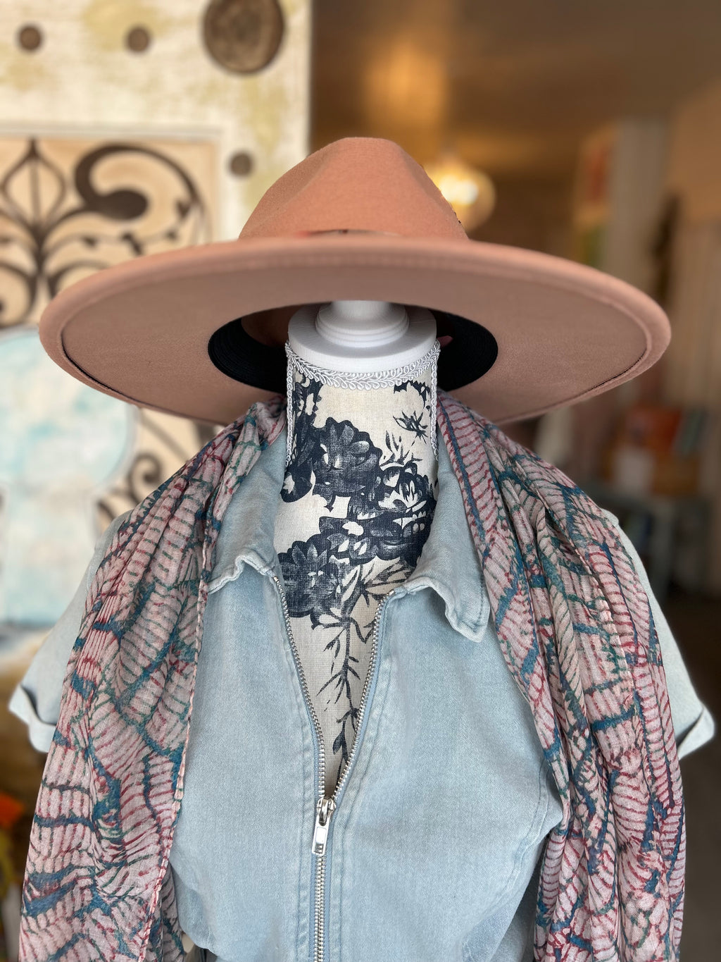 Pink wide brim fedora hat
