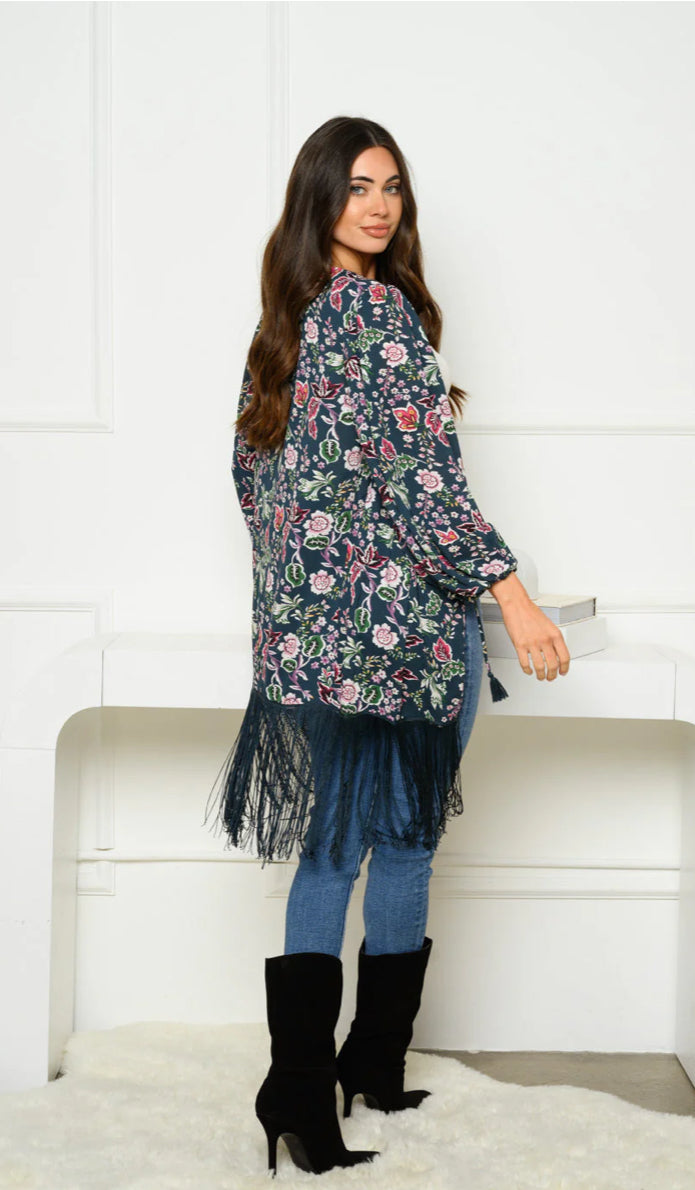 WOMEN'S 3/4 SLEEVE OPEN FRONT FRINGE FLORAL KIMONO
