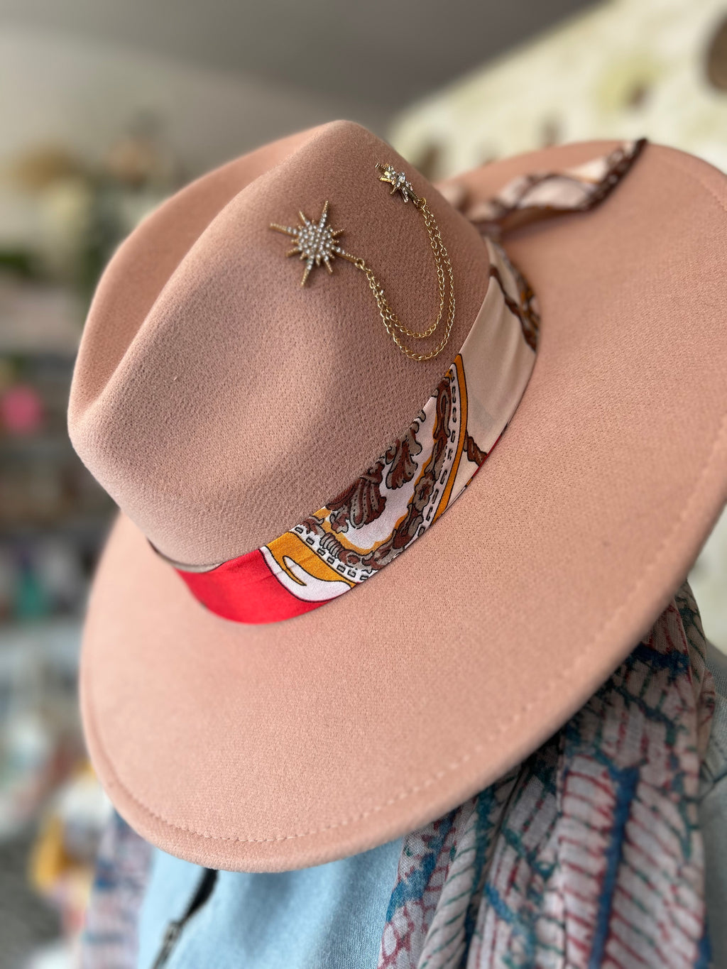 Pink wide brim fedora hat