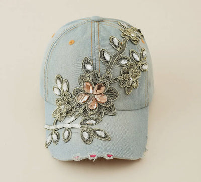 Rhinestone flower hat light blue
