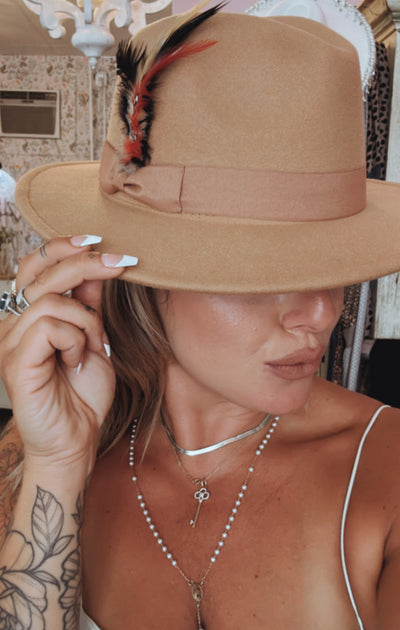 Camel fedora hat with assorted feathers