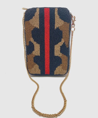 Camo with red and black stripes beaded phone bag