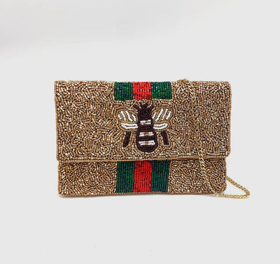 Bee you gold beaded mini clutch