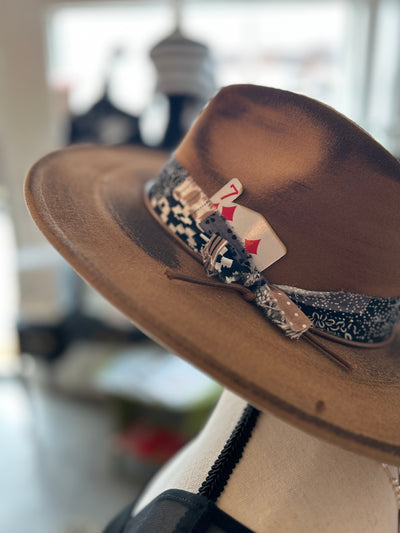 Wide brim brown fedora hat with poker cards
