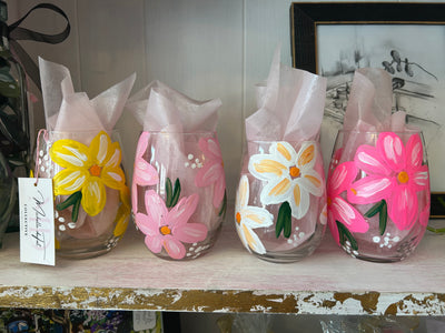 Hand painted colorful daisy stemless wine glasses (Set of 4)