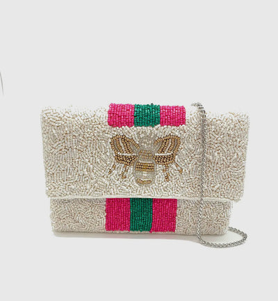Fuchsia bee striped beaded mini clutch
