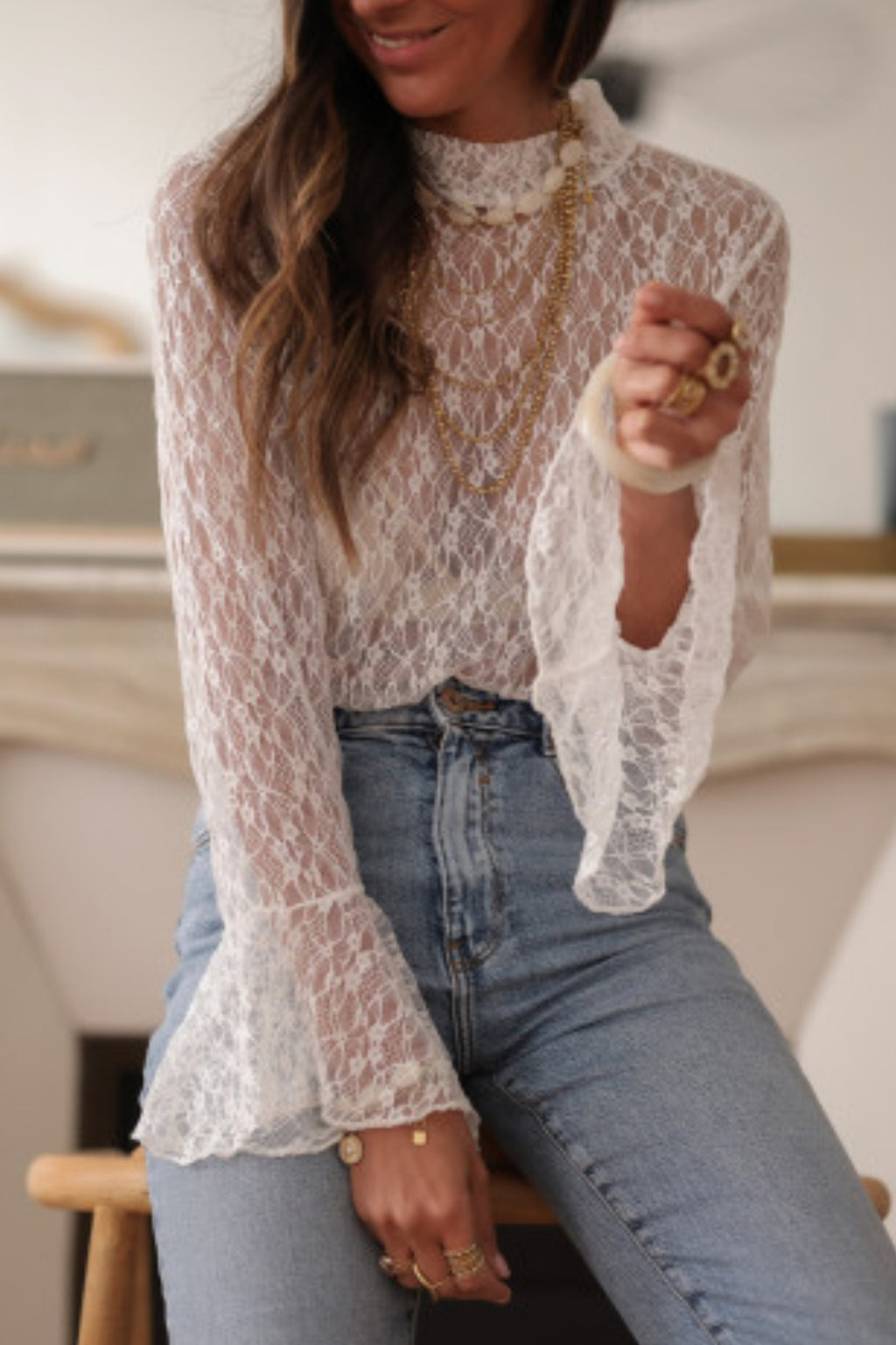 White Sheer Lace Bell Sleeve Mock Neck Blouse