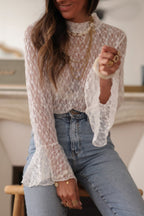 White Sheer Lace Bell Sleeve Mock Neck Blouse