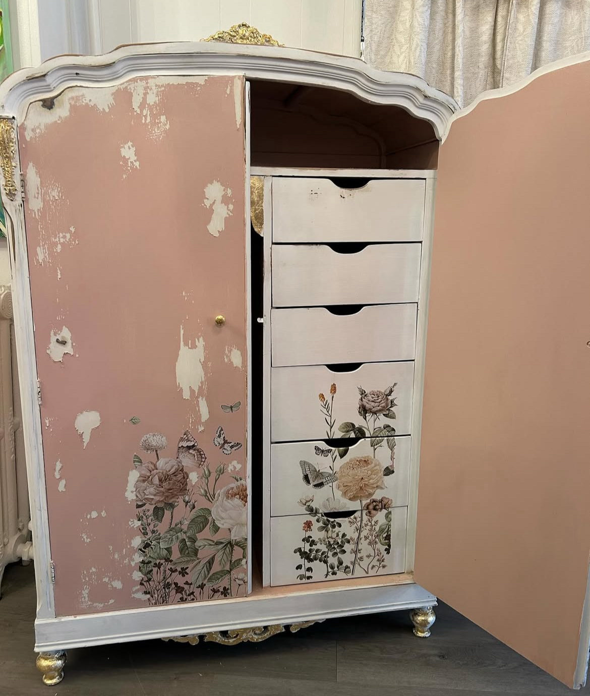 Antique pink dresser with flower decals & goldleaf