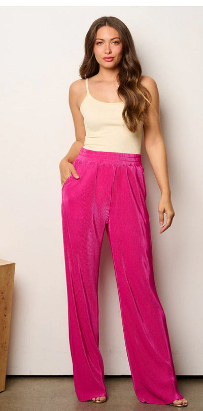 WOMEN'S ELASTIC WAIST WIDE LEG PLEATED PANTS