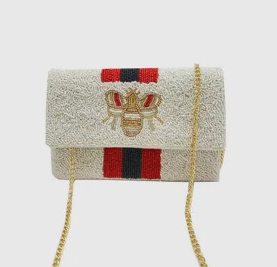 Red & black stripe bee beaded mini clutch