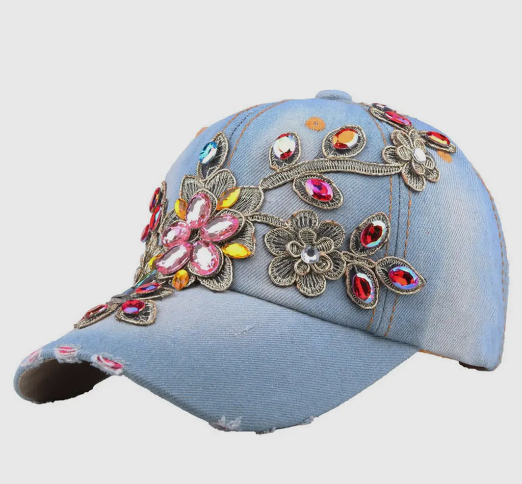 Rhinestone flower hat dark blue