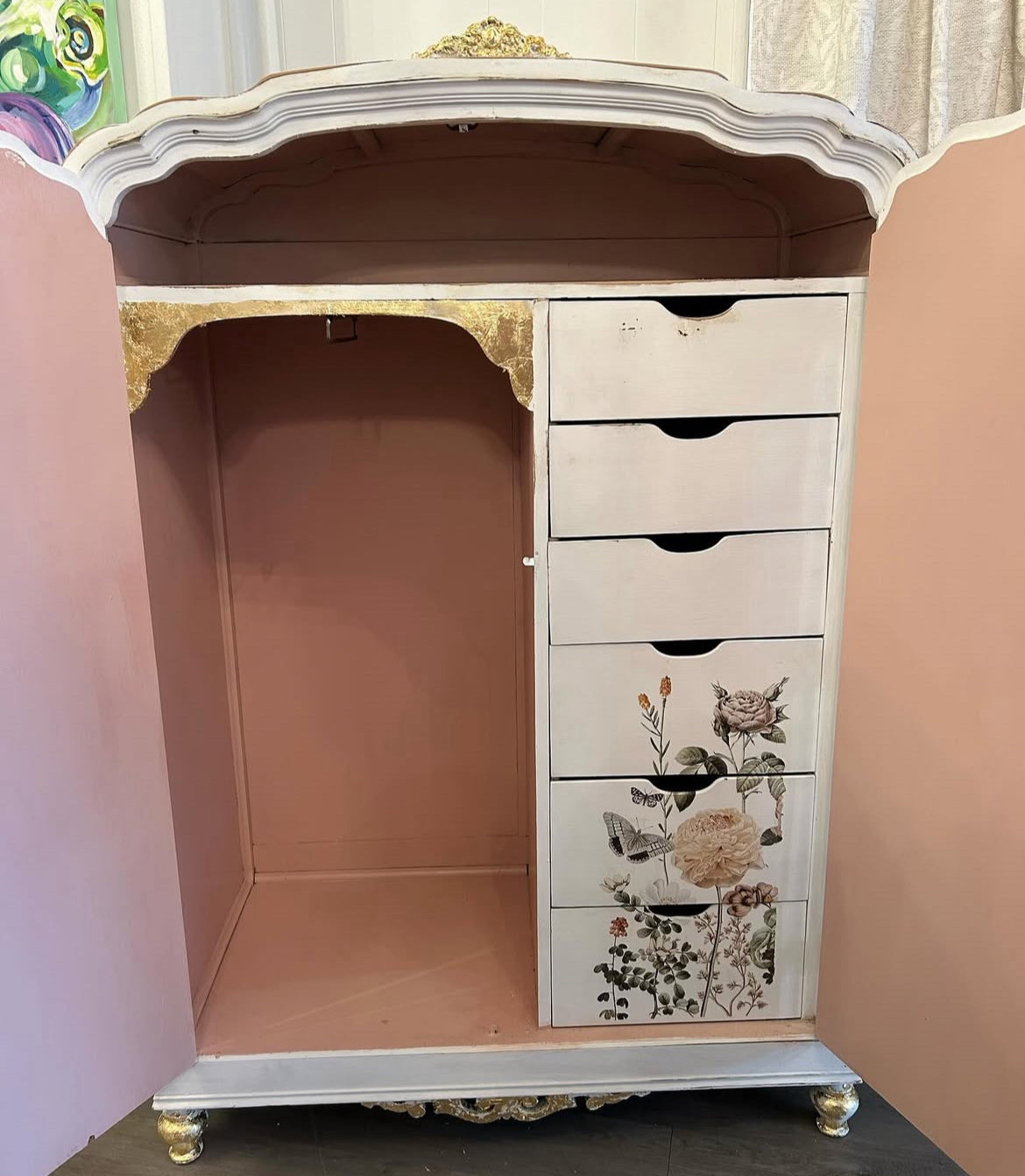 Antique pink dresser with flower decals & goldleaf