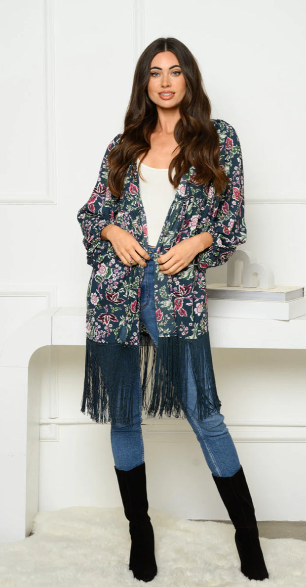WOMEN'S 3/4 SLEEVE OPEN FRONT FRINGE FLORAL KIMONO