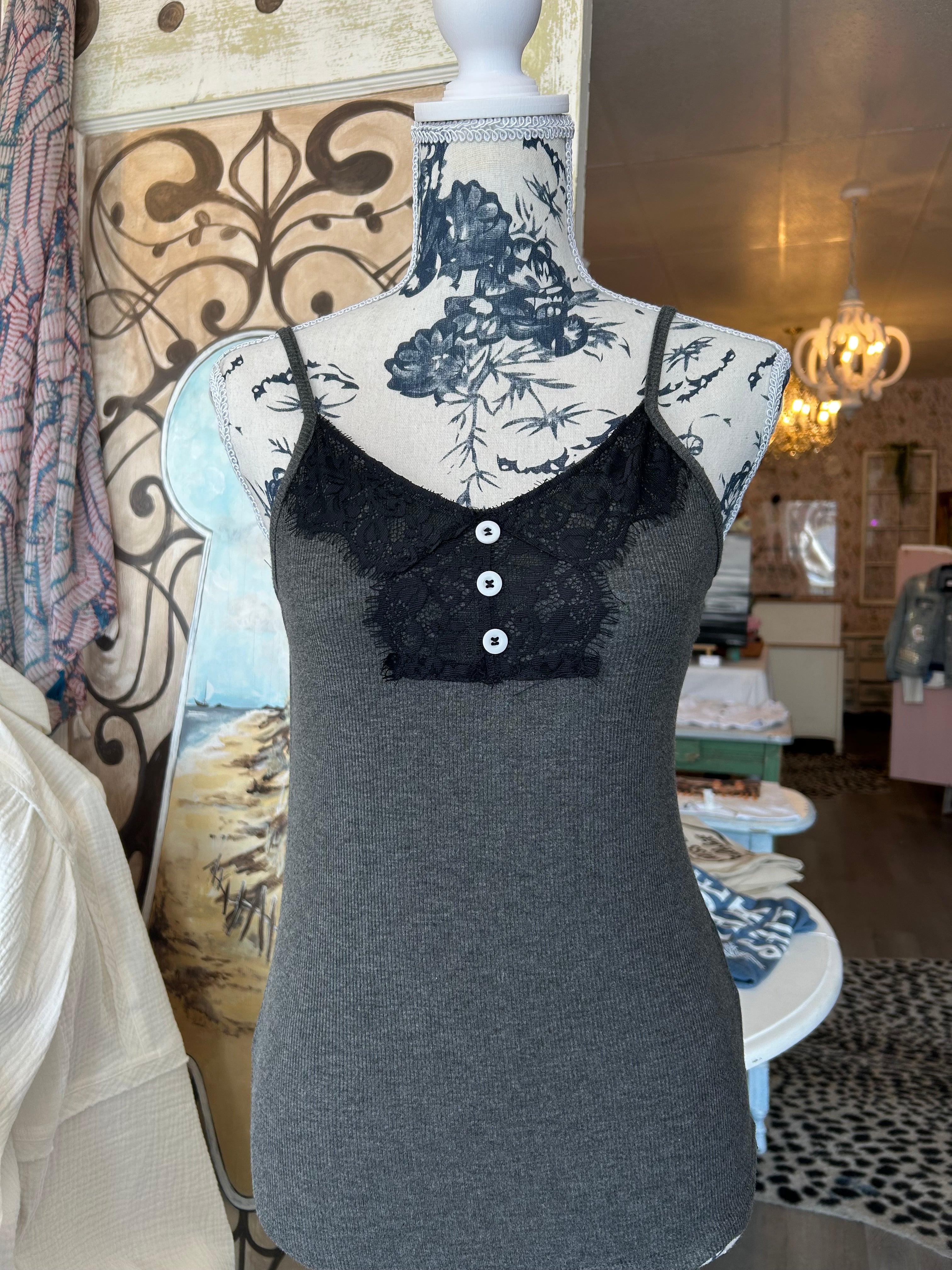 Grey & black lace cami with buttons