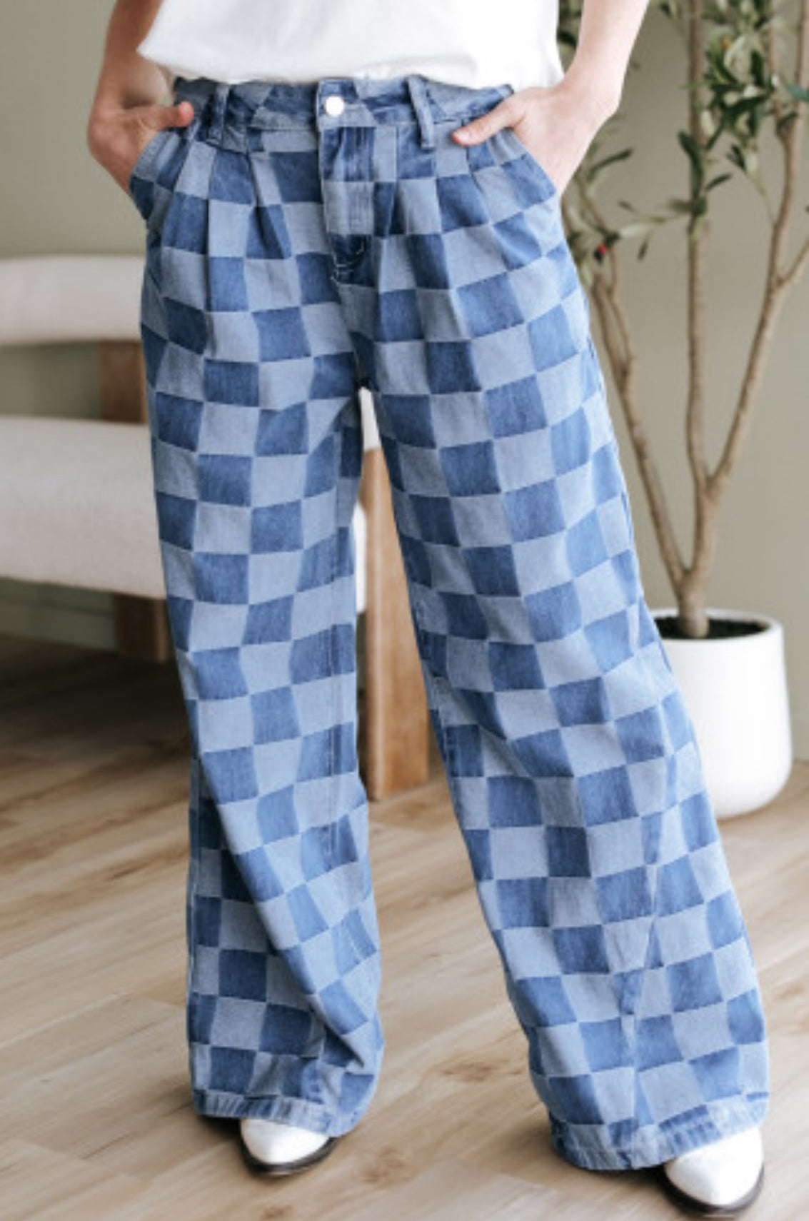 Dusk Blue Checkered Denim Wide Leg Jeans