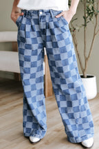 Dusk Blue Checkered Denim Wide Leg Jeans