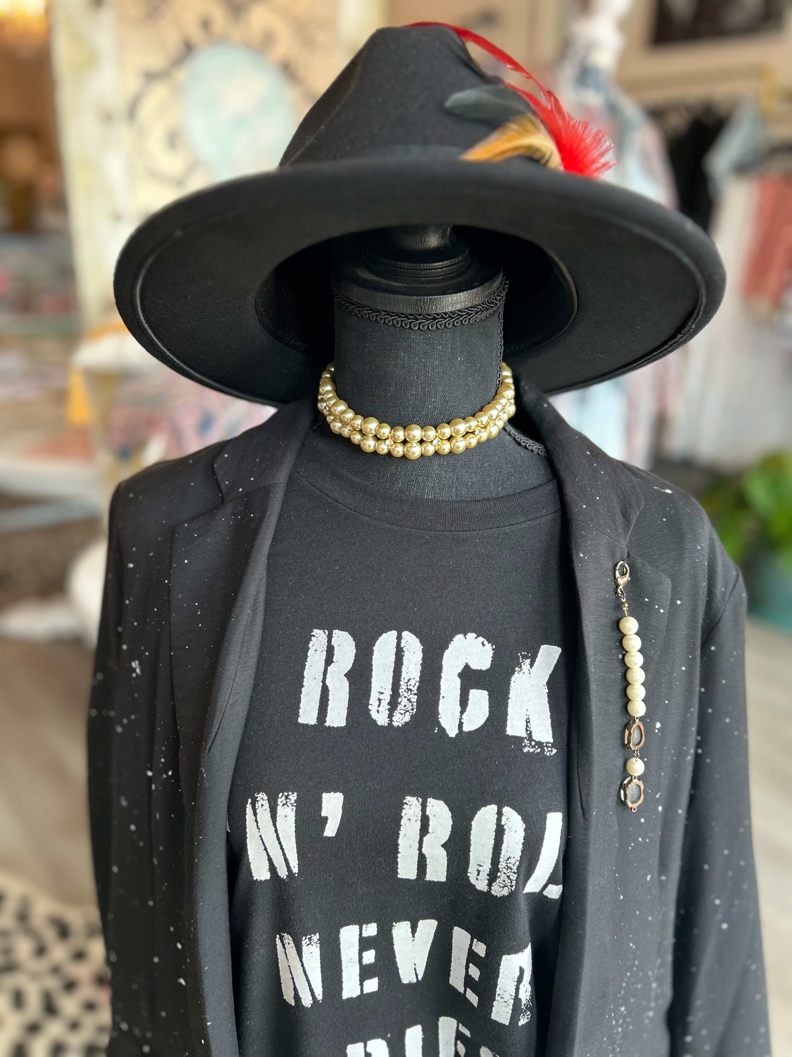 Black fedora hat with assorted feathers