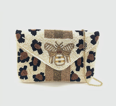 Leopard print bee beaded mini clutch