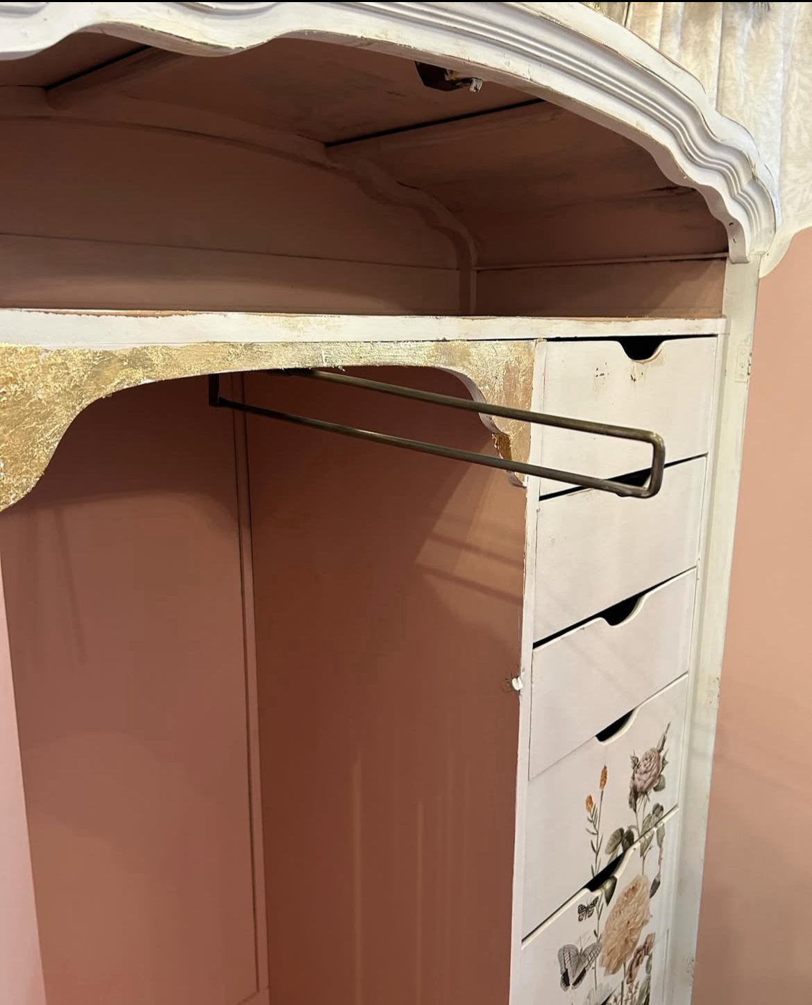 Antique pink dresser with flower decals & goldleaf