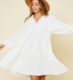 WOMEN'S LONG SLEEVE V-NECK FRONT POCKETS TIERED MIDI DRESS in white
