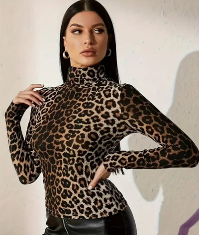Leopard sheer turtleneck