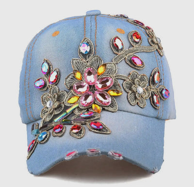 Rhinestone flower hat dark blue