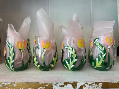 Hand painted tulip wine glasses stemless (Set of 4)