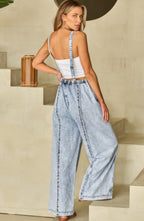 Blue Light Wash Frayed Exposed Seam Wide Leg Denim Overall