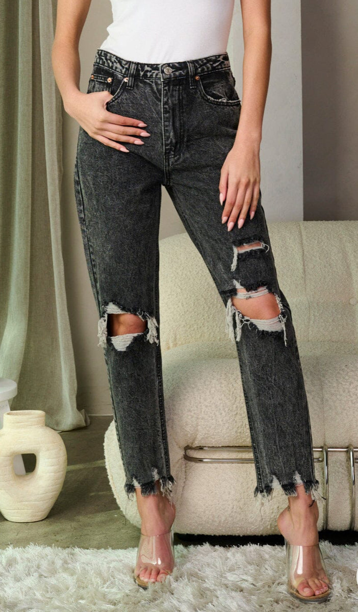 WOMEN'S BUTTON CLOSURE DISTRESS WASHED DENIM PANTS