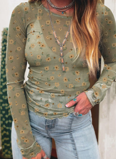 Laurel Green Vintage Floral Print Southern Style Mesh Long Sleeve Top