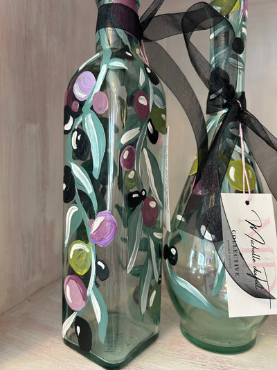 Hand painted olive branch vinegar & oil bottles (Set of 2)