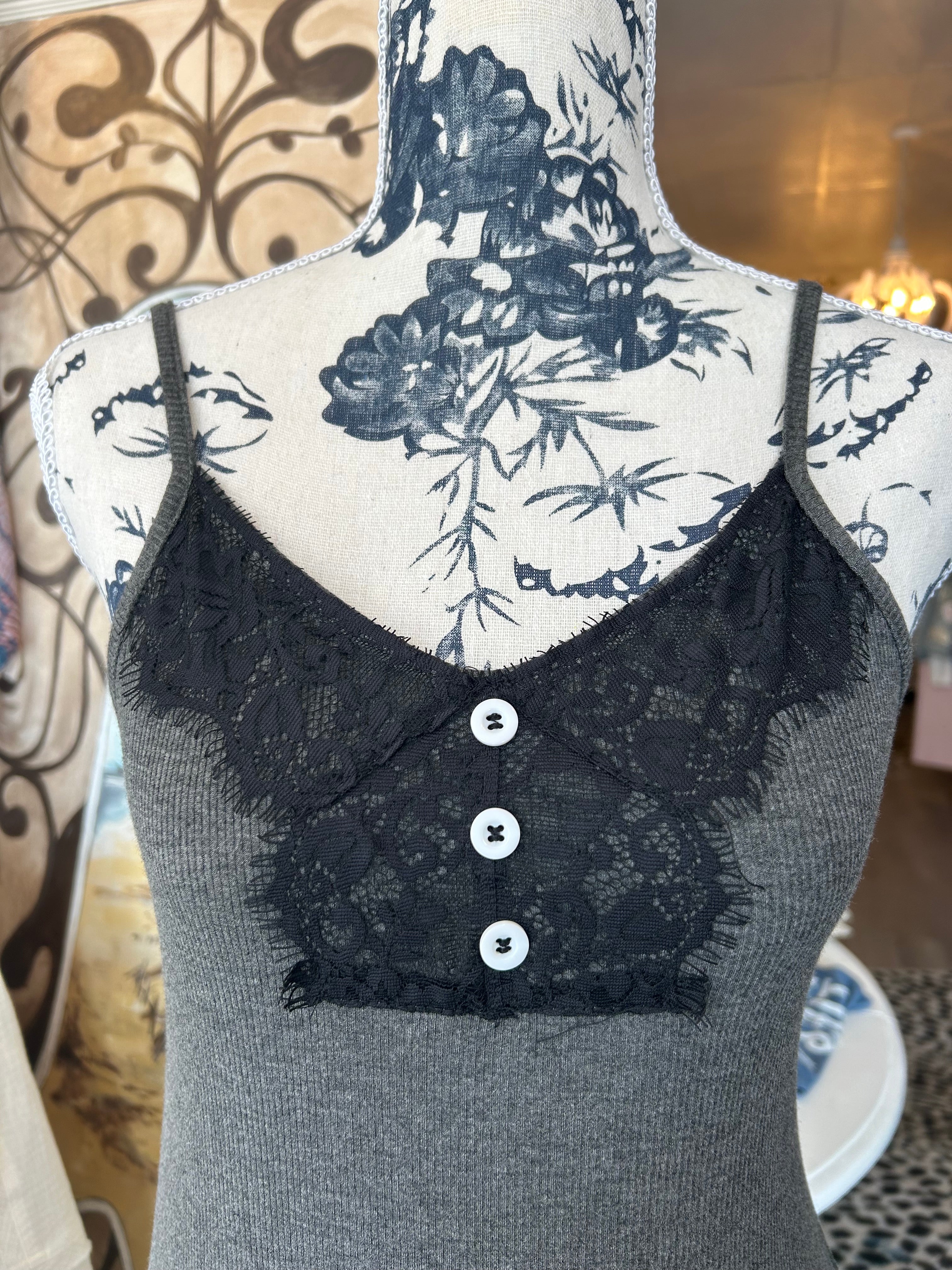 Grey & black lace cami with buttons