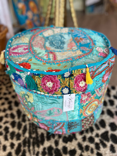 Indian handmade hand embroidered footstool pouf boho