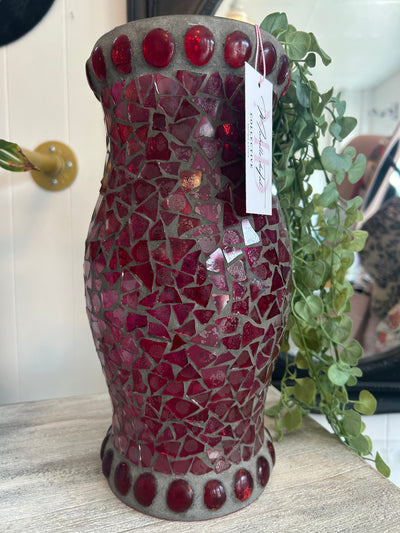 Red mosaic candle vase